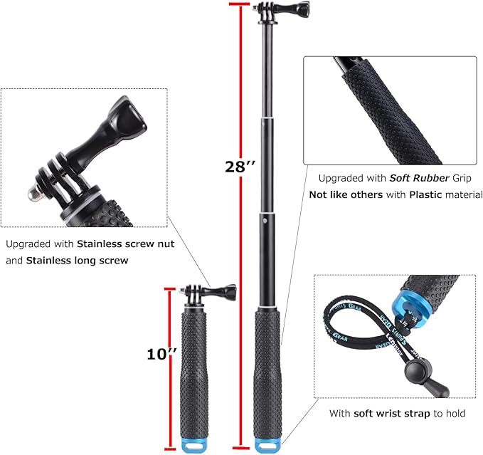 28” Extension Selfie Stick Compact Handle Grip Adjustable Pole Waterproof Monopod Accessories Compatible with GoPro Hero 13 12 11 10 9 8 7 6 Insta360 AKASO DJI Osmo Action Camera and More