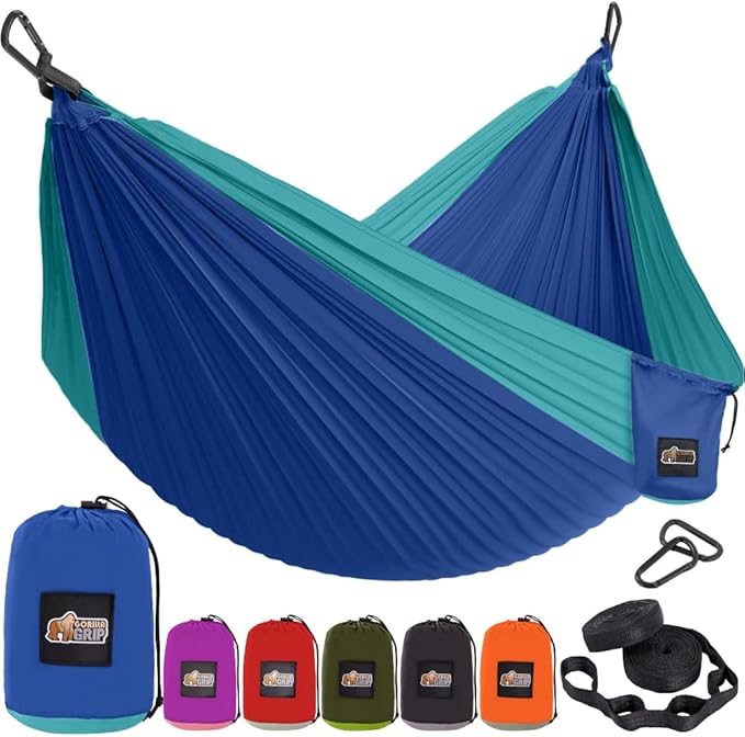 GORILLA GRIP Durable Portable Camping Hammock, Holds 400lbs with Heavy Duty Tree Straps, Comfortable Travel Swing, Camp Hammocks, Easy to Use and Install, Outdoor Essentials, Blue, 9x4.5 FT
