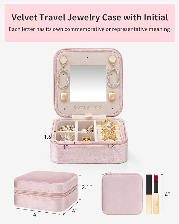 Vlando Velvet Travel Jewelry Case, Jewelry Travel Box for Women, Travel Jewelry Organizer, Small, Portable Jewelry Boxes with Mirror - Pink