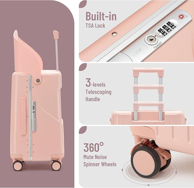 22 Inch TSA Lock Luggage with Seat for Adults and Kids,Check in Lockable Spinner Wheels Suitcase with Seat Belt and Cover (TSA Luggage with Seat Pink)