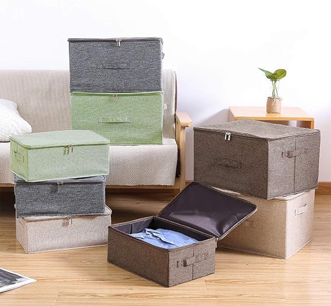 ANMINY 3PCS Storage Bins with Zipper Lids 51.9 Qt Lidded Fabric Storage Boxes Baskets Cubes with Handles Collapsible Washable Cotton Linen Closet Shelf Clothes Organizer - Green, Extra Large