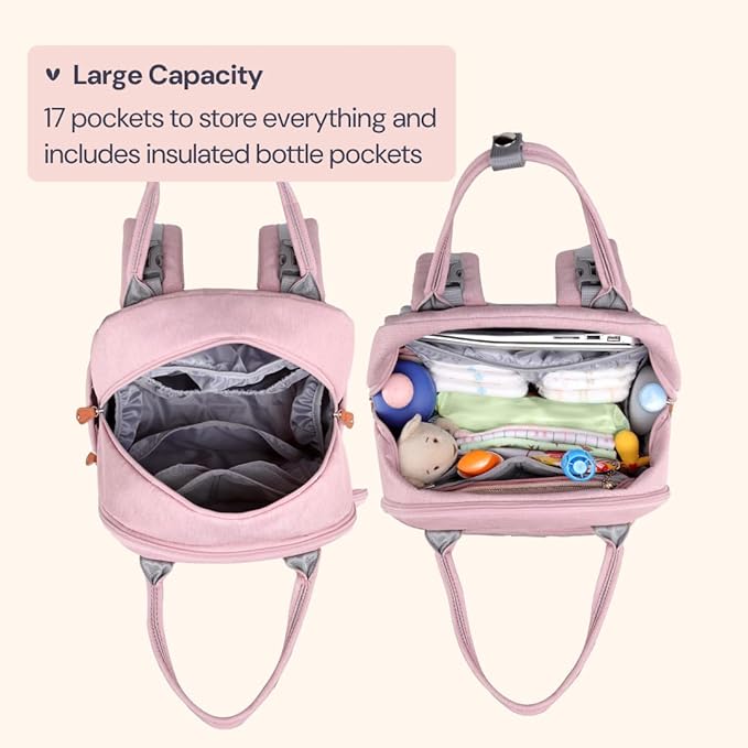 BabbleRoo Diaper Bag Backpack - Baby Essentials Travel Tote - Multi function Water Resistant Diaper Bag, Travel Essentials Baby Bag with Changing Pad, Stroller Straps & Pacifier Case - Unisex, Pink