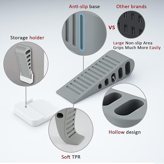 JQK Rubber Door Stopper Wedge, Grey 6 Pack Soft TPR Premium Door Stops for Bottom of Heavy Duty Door on Tile, Concrete, Carpet, Wooden Floor, DSB61-GY-P6