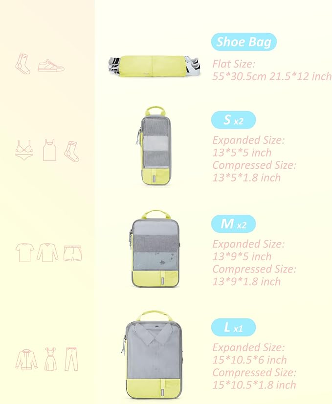 BAGSMART 6 Set Compression Packing Cubes - Lightweight Travel Essentials, Durable Luggage Organizer