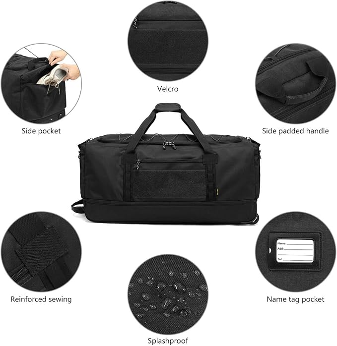 Laripwit Collapsible Duffle Bag with Wheels 130-170L Extra Large Expandable Travel Duffel Bag for Men Women Heavy Duty Military Duffle Bag for Camping Rolling Foldable Carry On Luggage, Black