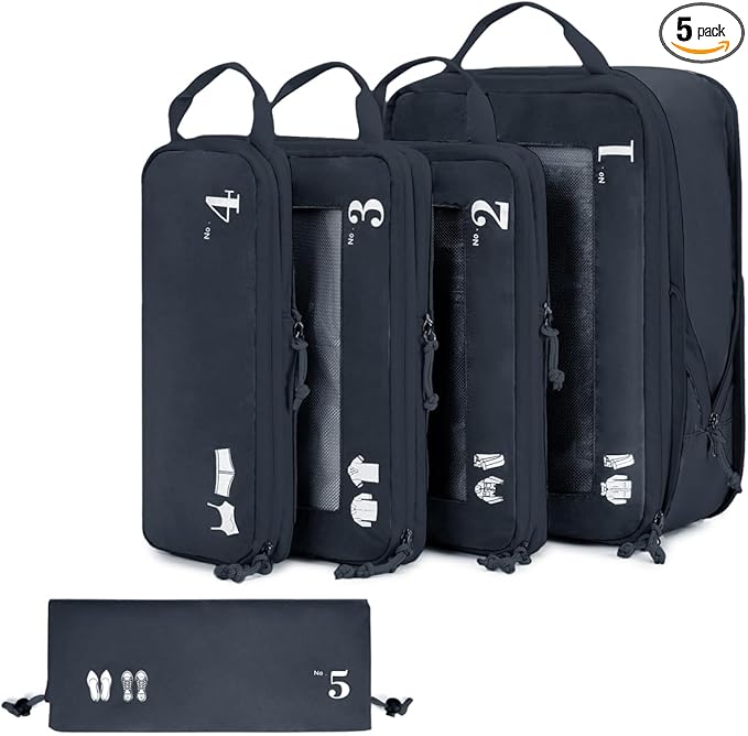 ECOHUB 5 Set Compression Packing Cubes for Suitcases Organiser Bags Set Travel Essentials with Shoe Bags for Travel Tear-resistant Travel Accessories with ID Tag Expandable Packing Bags(Navy Blue)