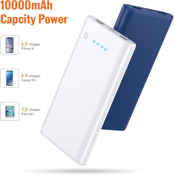 [2 Pack] Portable Charger Power Bank 10000mAh,Ultra Slim Portable Phone Charger with Dual USB Outputs,Backup Charging External Battery Pack Compatible with iPhone 15/14/13/12/11,Android etc-Blue+White