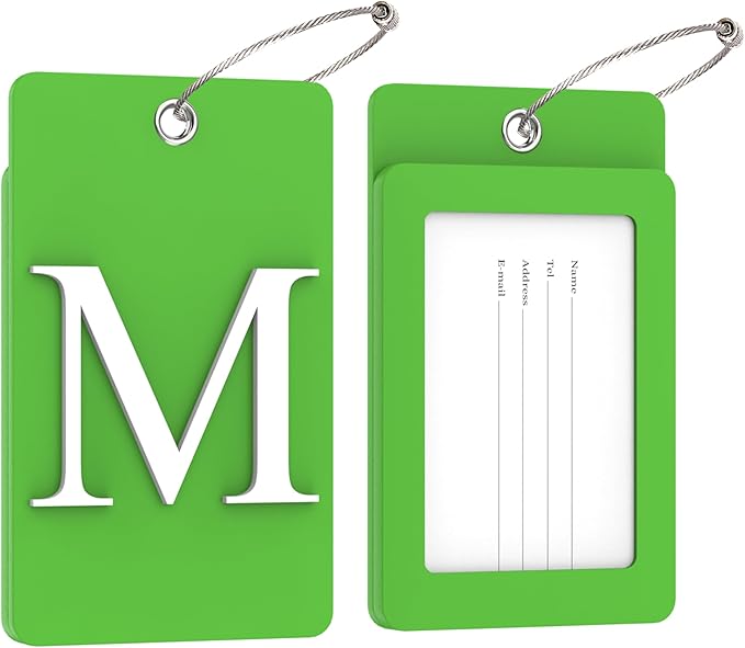 Gostwo 2 Pack Luggage Tags for Suitcases, 26 Initial Letter Travel Luggage Baggage Identification Labels ID Tag Fully Bendable Tags with Stainless Steel Loop (Green) (Letter M)