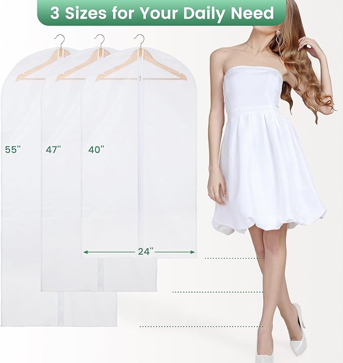 6 Pack Translucent Garment Bags for Hanging Clothes - Frosted Clothes Storage Bags for Suits, Shirts, Dresses, Closet Storage, Travel - 24" x 40"/47"/55"
