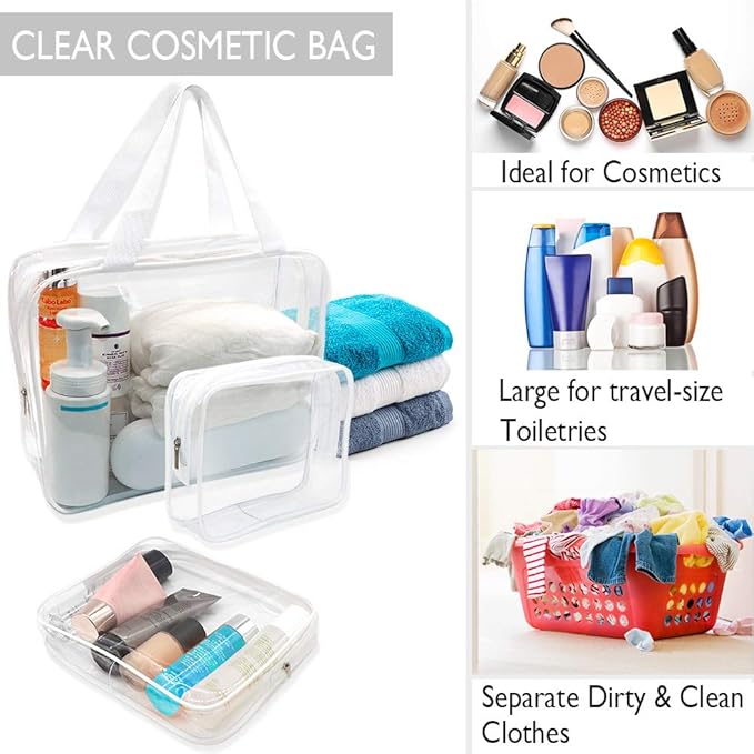 APREUTY Clear Makeup Bags, TSA Approved 6Pcs Cosmetic Makeup Bags Set Clear PVC with Zipper Handle Portable Travel Luggage Pouch Airport Airline Organization (White)