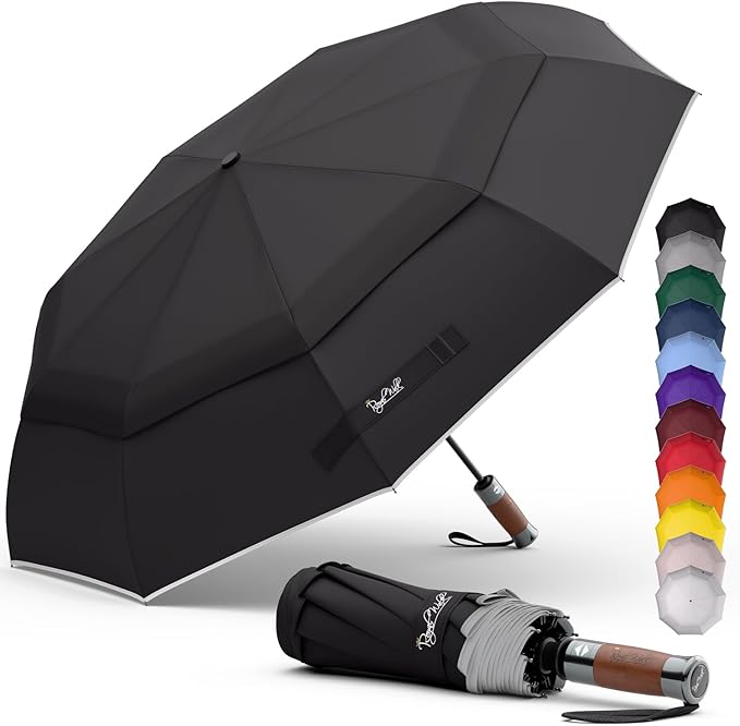 Royal Walk Windproof Folding Travel Umbrella Compact and Strong Luxurious Real Wood Handle Automatic Open Close Vented Double Canopy for Men and Women