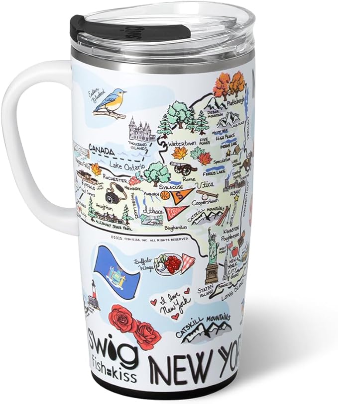 Swig Life 22oz Travel Mug, Insulated Tumbler with Handle and Lid, Travel Coffee Mug, Cup Holder Friendly, Stainless Steel 22 oz Tumbler, Reusable Insulated with Lid (New York)