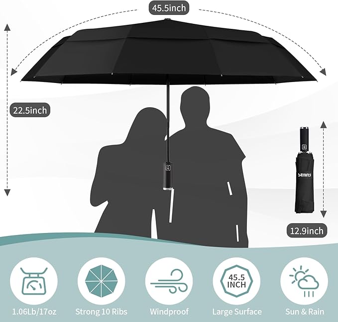 Seniny Windproof Travel Umbrella, Double Vented Canopy Large Umbrellas for Rain, Automatic Compact Umbrella for Car Backpack, Portable Pocket UV Umbrellas for Sun Protection Walking, Lightweight