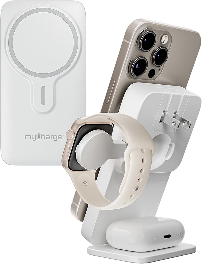 myCharge EcoHub 3 in 1 Apple Charging Station & Magsafe Battery Pack | Wireless Charger for iPhone, iWatch, AirPods | Magnetic Portable Charger with Wall Plug | Travel-Ready & Foldable