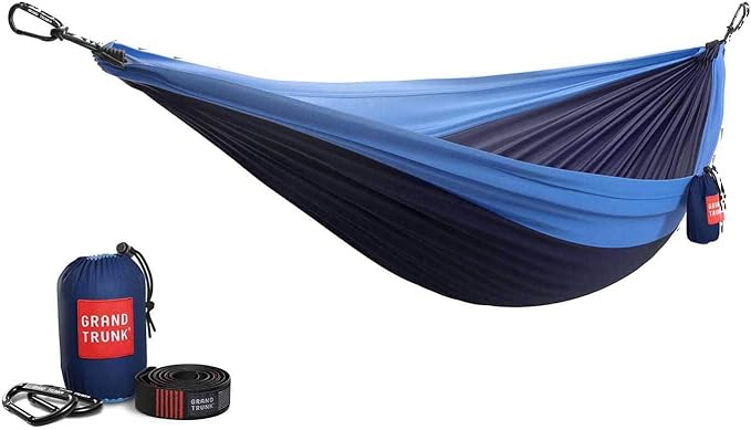 Grand Trunk Double Deluxe Parachute Nylon Hammock - 500lb Capacity Camping Hammock, 10.5x6.5ft, Lightweight & Durable (Navy/Light Blue)