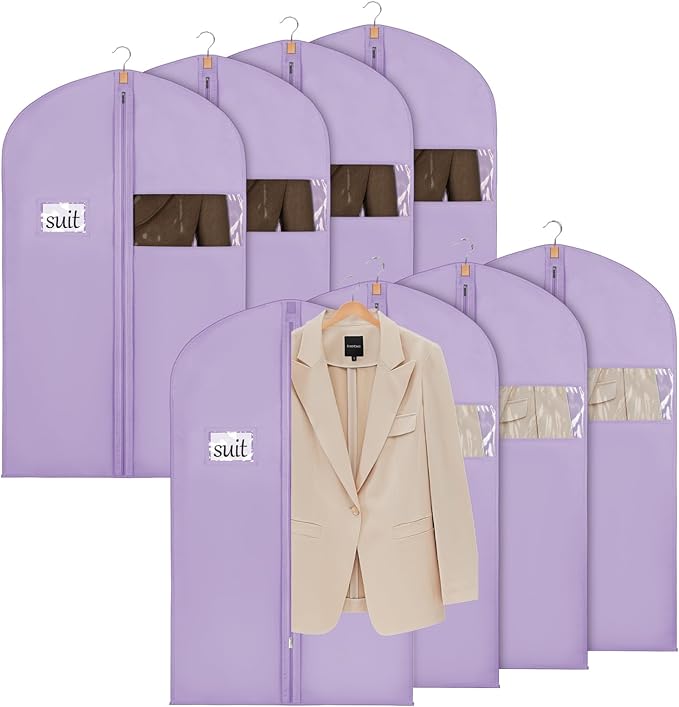 Syeeiex 40" Suit Bag, Set of 8 Garment Bags for Hanging Clothes, Suit Bags for Closet Storage, Garment Bags for Suits, T-shirts, Jackets, Coats, Business Wear(Purple)