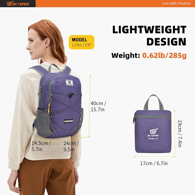 SKYSPER Small Hiking Backpack -12L Lightweight Packable Daypack for Travel Foldable Tear Resistant Backpacks for Women Men