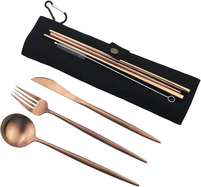 Gugrida Luxury Rose Gold Matte Portable 18/10 Stainless Steel Travel Flatware Sets of 7 Portable Camping Cutlery Set, Healthy & Eco-Friendly Flatware Set with Carrying Case for Travel or Camping
