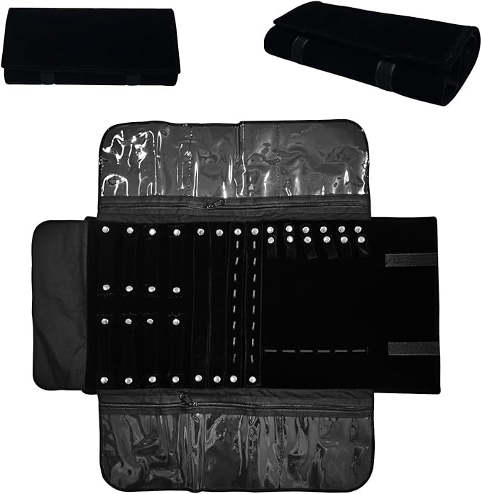 Velvet Travel Jewelry Case Roll Bag Organizer for Necklace Bracelet Earrings Ring (Black)