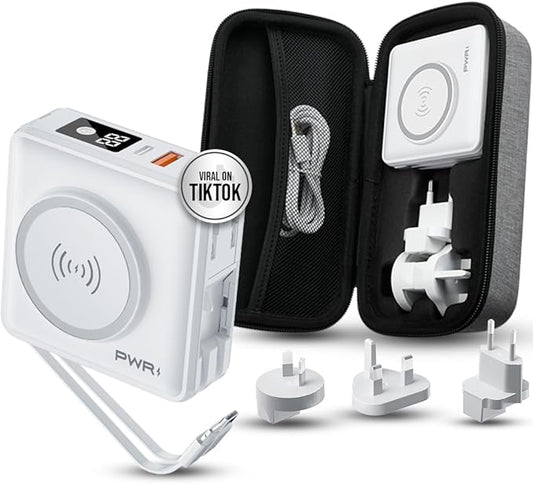 PWR Travel PRO 5-in-1 Power Bank with Case Included – 10,000mAh with Built-in Cables – 20W USB-C + 15W Wireless Charging – Compact Portable Charger for iPhone & Android - White