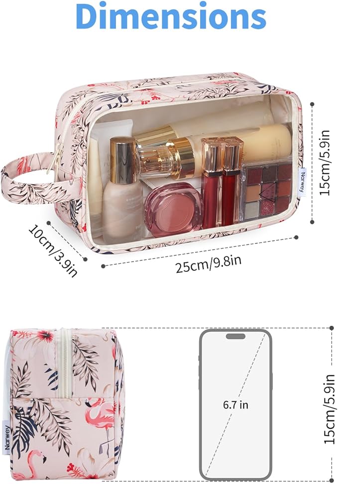 Narwey Clear Toiletry Bags for Traveling Women Men, Clear Travel Bags for Toiletries Makeup Bag Cosmetic Bag with Zipper, Make Up Organizer, Skincare Bag (Beige Flamingo)