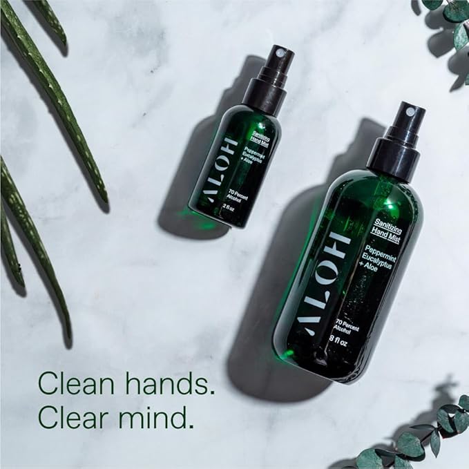 ALŌH Sanitizing Hand Mist 3-pack | Peppermint Eucalyptus + Aloe | 70% Alcohol Hydrating Hand Sanitizer Spray with Essential Oil, for Kids & Adults | 2oz Travel Size Bottle (Set of 3)