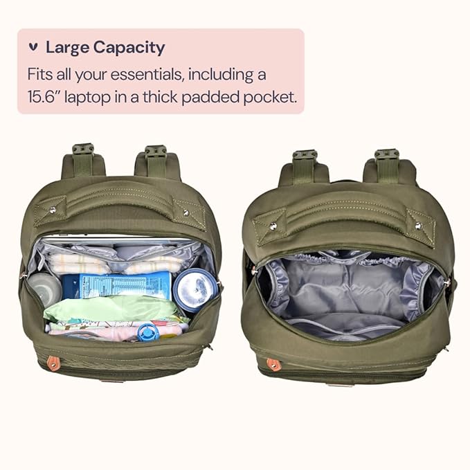 BabbleRoo Diaper Bag Backpack, Travel Backpack with Changing Pad, Pacifier Case & Stroller Straps, Multifunction, Waterproof, Unisex – Army Green
