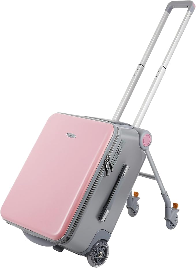 FAHKNS Children's Ride-On Suitcase,Kids Carry on Luggage with Wheels,Rolling Travel Luggage With Kids Seat for Airplane，2-in-1 Case & Baby Stroller,Pink