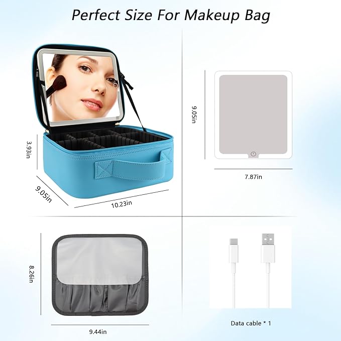 Travel Makeup Bag with LED Mirror Travel Makeup Organizer with 3 Lighted Settings, Adjustable Dividers and Makeup Brush Storage Bag Blue