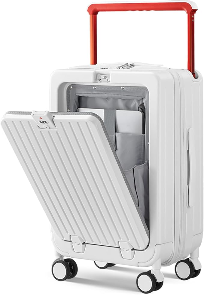 SOKOK Front Pocket Luggage with Spinner Wheels, 24'' Wide Handle Travel Suitcase PC Hardshell Multifunctional Luggage with Charging Port and Cup Holder, White