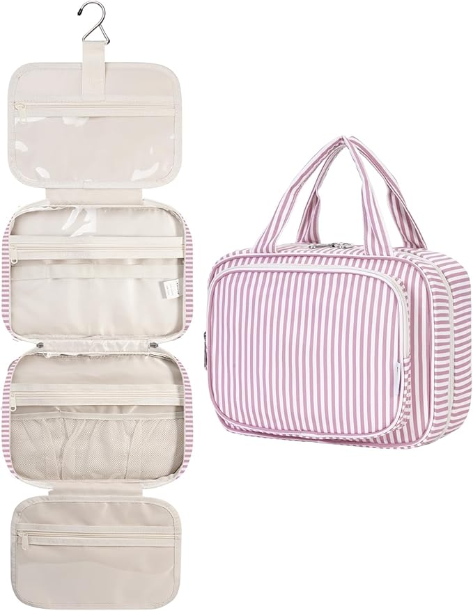 Narwey Striped Hanging Toiletry Bag for Women Travel Makeup Bag Organizer Toiletries Bag for Travel Size Essentials Accessories Cosmetics (Dusty Pink Stripe (Medium))