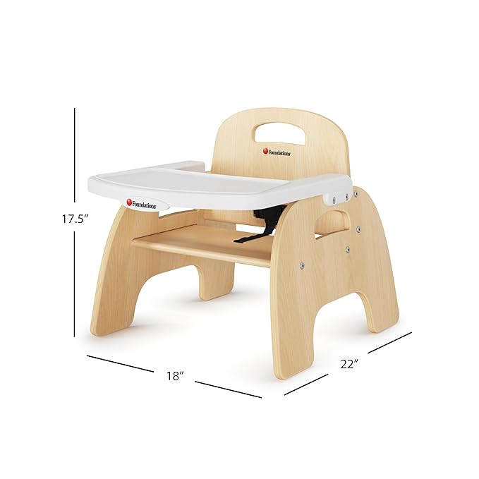 Foundations Easy Serve Low Wood Feeding Chairs Multipack, Adjustable Harness, Removable Dishwasher Safe Tray, No-Tip Base, Stackable Toddler Chairs, 2 Pack (7 inch)