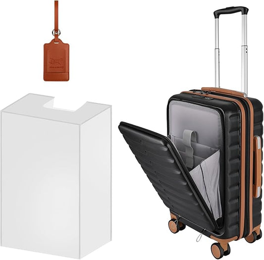 22×14×9 Airline Approved Carry On Expandable Luggage with Front Open Pocket, Spinner Wheels, ABS+PC Hardshell Small 20inch Suitcase with Protective Cover and Luggage Tag, Black