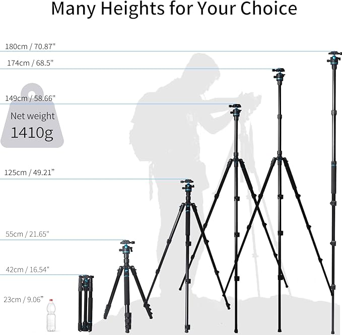 Camera Tripod, 68" / 174cm Lightweight Travel Monopod with 360°Ball Head Payload 15 lbs, Adjustable Height from 17" to 68" Professional Stand for DSLR Camera Shooting