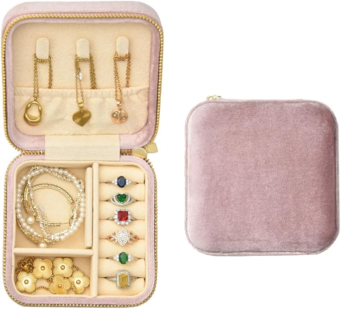 TAIMY Plush Velvet Travel Jewelry Box, Small Travel Jewelry Case, Portable Mini Jewelry Travel Organizer Boxes for Rings Earrings Necklaces Bracelets(Pink Lavender,No Mirror)