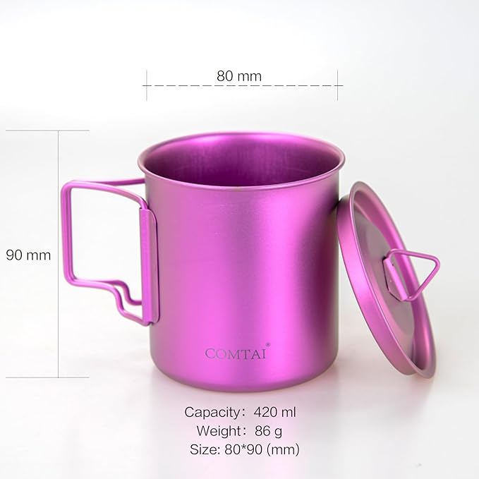 Titanium Camping Pot Mug 15oz (420ml) with Lid and Foldable Handle – Ultralight Camping Cup for Hiking, Backpacking, Outdoor Cooking, Purple