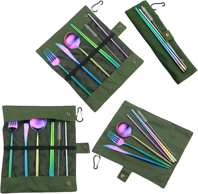 Gugrida Reusable Travel Utensils, 7 Piece Portable 304 Stainless Steel including Knife Fork Spoon Chopsticks Cleaning Brush Straws Portable Pouch, Eco-friendly Camping Silverware Set, Dishwasher Safe