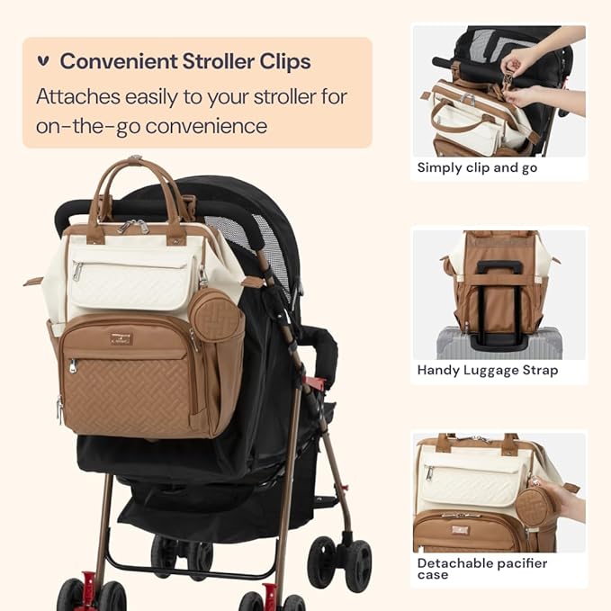 BabbleRoo Leather Diaper Bag Backpack, Multifunction Large Bags with Changing Pad & Stroller Straps & Pacifier Case, Unisex Stylish Travel Back Pack Nappy Changing Bag for Moms Dads (Caramel Cream)