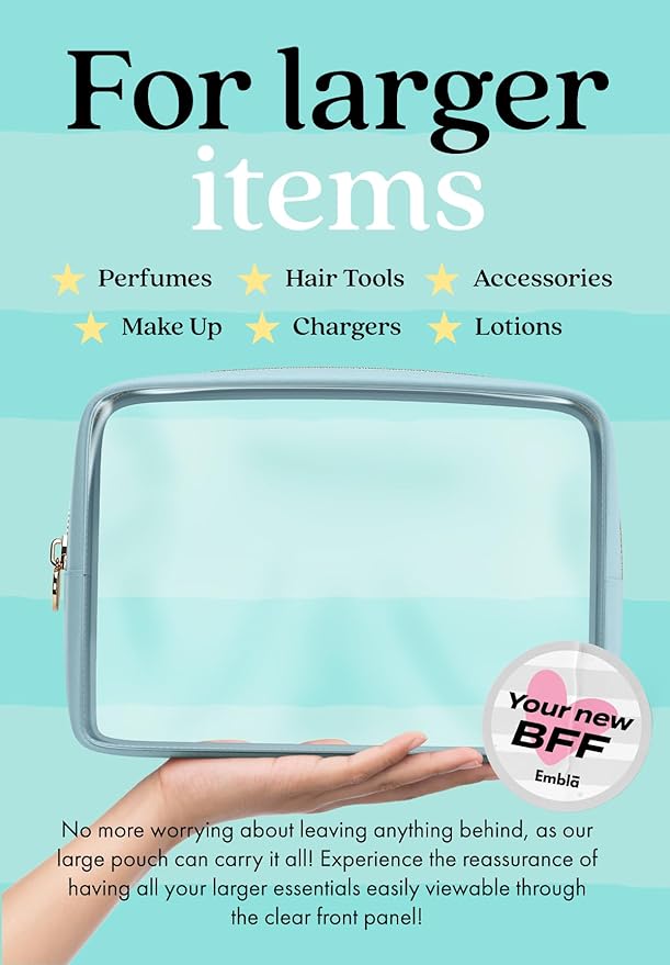Clear Makeup Bag Zipper Pouch, Transparent Cosmetic Case Organizer, TSA Approved Travel Toiletry Case, Travel Accessories Essentials Makeup Tote for Women, Large Cute Make up Bag for Purse - Sky