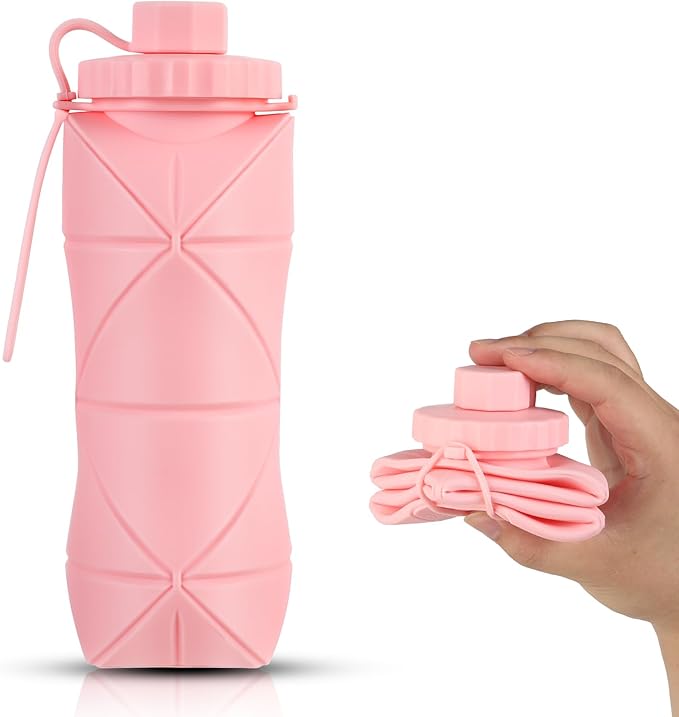 Silicone Collapsible Water Bottles,Lightweight Reusable Leakproof For Traveling Camping Hiking Cycling Sports Outdoor,Foldable Portable Travel Water Bottle 600ML Pink 1Pack.