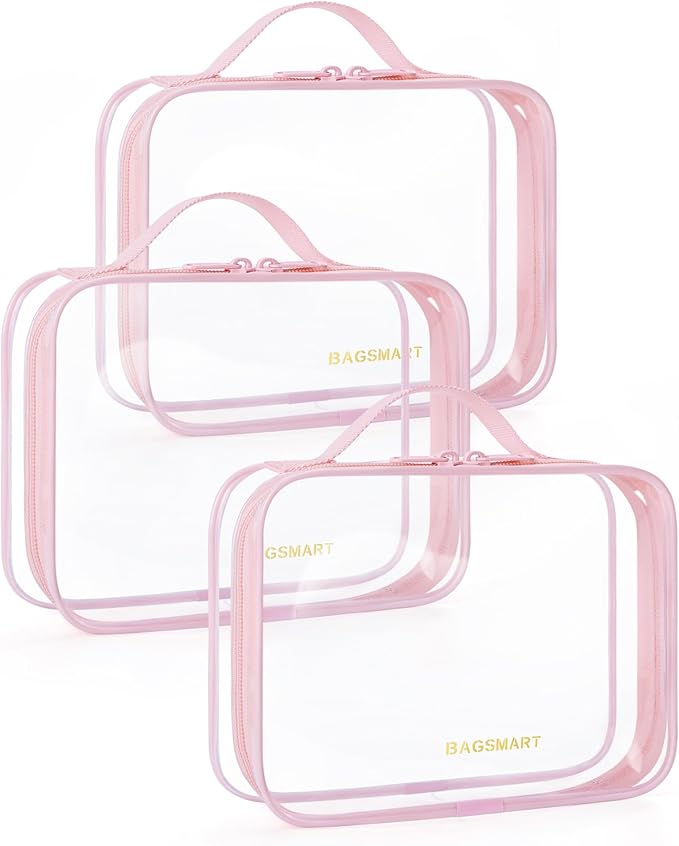BAGSMART TSA Approved Clear Toiletry Bag, 3 Packs Quart Size Water Resistant Makeup Cosmetic Bags for Women, Airport Airline Travel Essential Carry On Organizer with Handle Large Opening, Pink