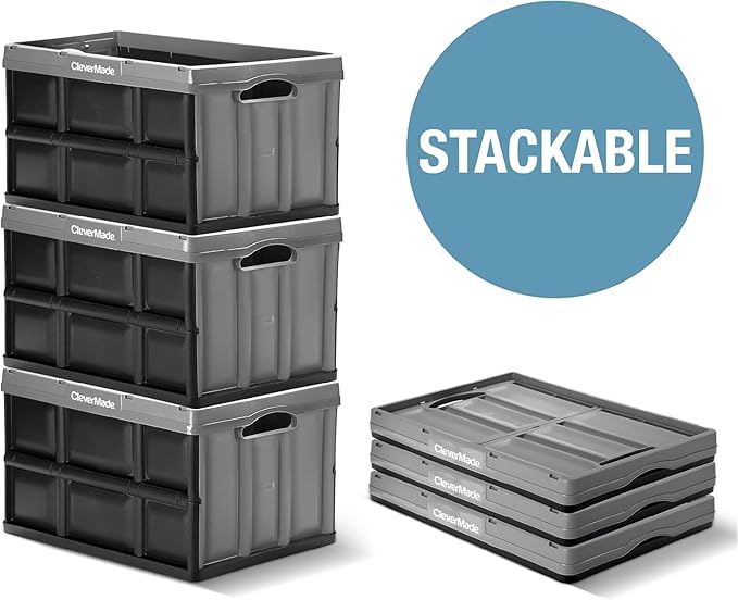 CleverMade Collapsible Storage Bins - Obsidian 3 Pack 46L - Stackable Containers Heavy Duty Capacity Folding Crates - Space-Saving for Home