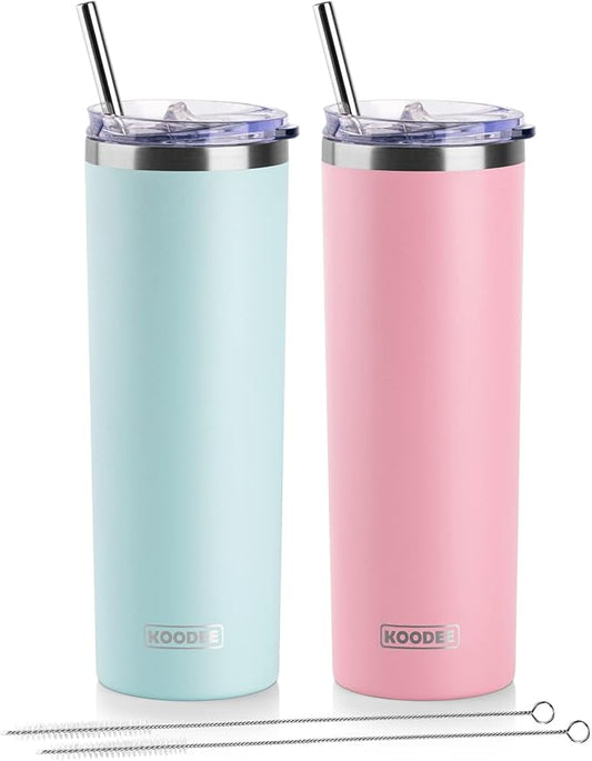 koodee 20 oz Stainless Steel Skinny Tumblers (2 Pack) Double Wall Insulated Water Tumbler Cup with Lid and Straw, Slim Travel Tumbler for Women/Men Diy Birthday Gift （Baby Blue-Pink）