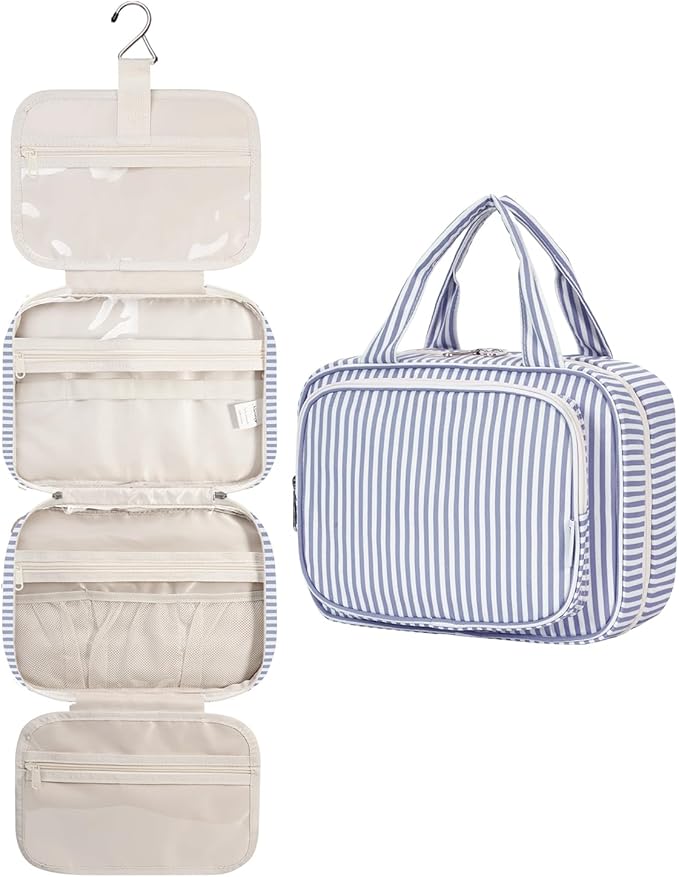 Narwey Striped Hanging Toiletry Bag for Women Travel Makeup Bag Organizer Toiletries Bag for Travel Size Essentials Accessories Cosmetics (Greyish Blue Stripe (Medium))