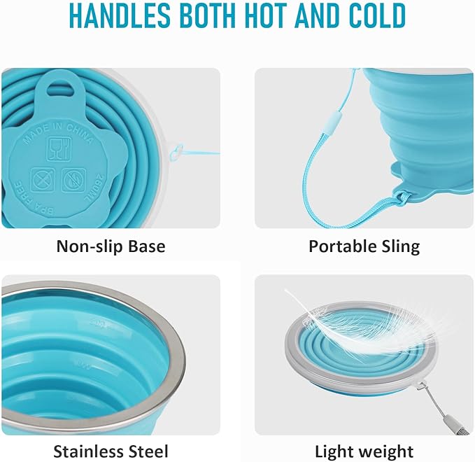 JBER Silicone Collapsible Travel Cup, 4 Pack Silicone Folding Camping Cup with Lids Expandable Drinking Cup Set BPA Free Reusable Portable Graduated for Outdoor Hiking Travel