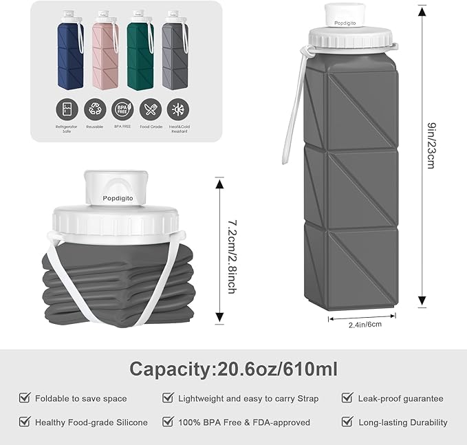 Collapsible Water Bottles Flexible Bpa Free Silicone Reusable Foldable Water Bottle,Durable Lightweight Leak-Proof Compact Water Bottles For Travel Hiking Yoga Running Outdoor Sports