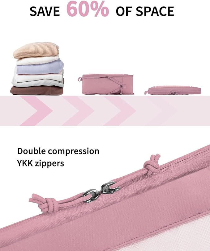 ECOHUB 5 Set Compression Packing Cubes for Suitcases Organiser Bags Set Travel Essentials with Shoe Bag for Traveling Tear-resistant Travel Accessories with ID Tag Expandable Packing Bags(Pink)