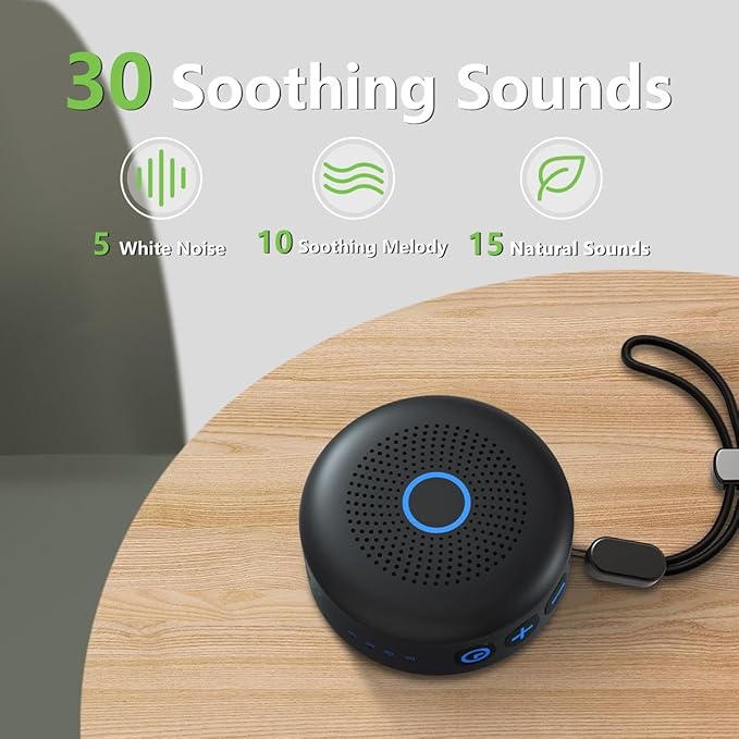 Sleepbox Portable White Noise Sound Machine 30 Soothing Sounds Rechargeable Battery Small for Travel 32 Volume Control Noise Canceling Sleep Machine Sound Therapy for Baby Kids Adults (Black)