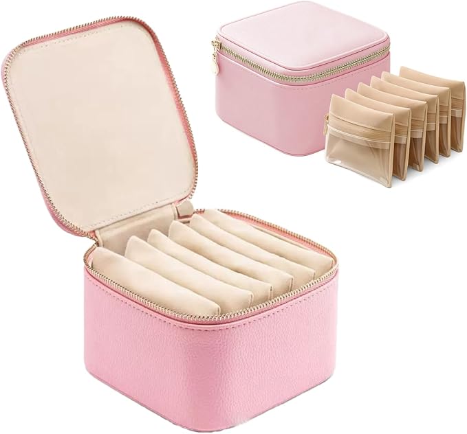 Jewelry Box Organizer for Women,Small Travel Jewelry Case,Mini Travel Jewelry Organizer with 6 Velvet Jewelry Zipper Pouches, Jewelry Box Organizer for Gift Idea for Girls(Pink)