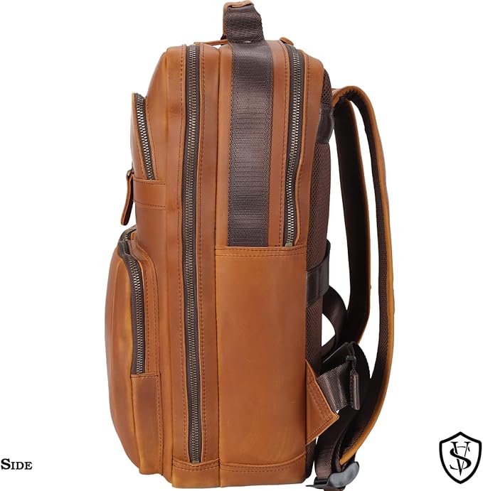 STAR VISTA Angelo 17.3" Vintage Full Grain Leather Laptop Backpack for Men, Multi Pockets, Casual Outdoor Business Travel Rucksack, YKK Zippers, Light Brown